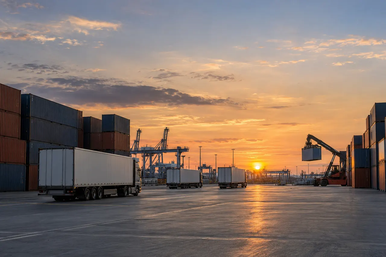 Remolques y contenedores esperan en una terminal de carga al caer la tarde.