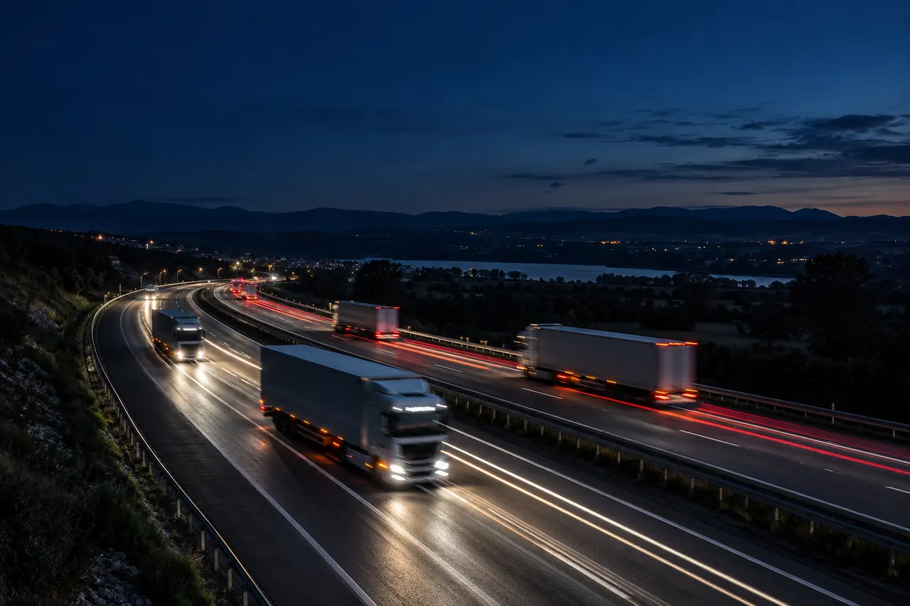 Camiones de noche en una autopista, convertidos en estelas de luz.